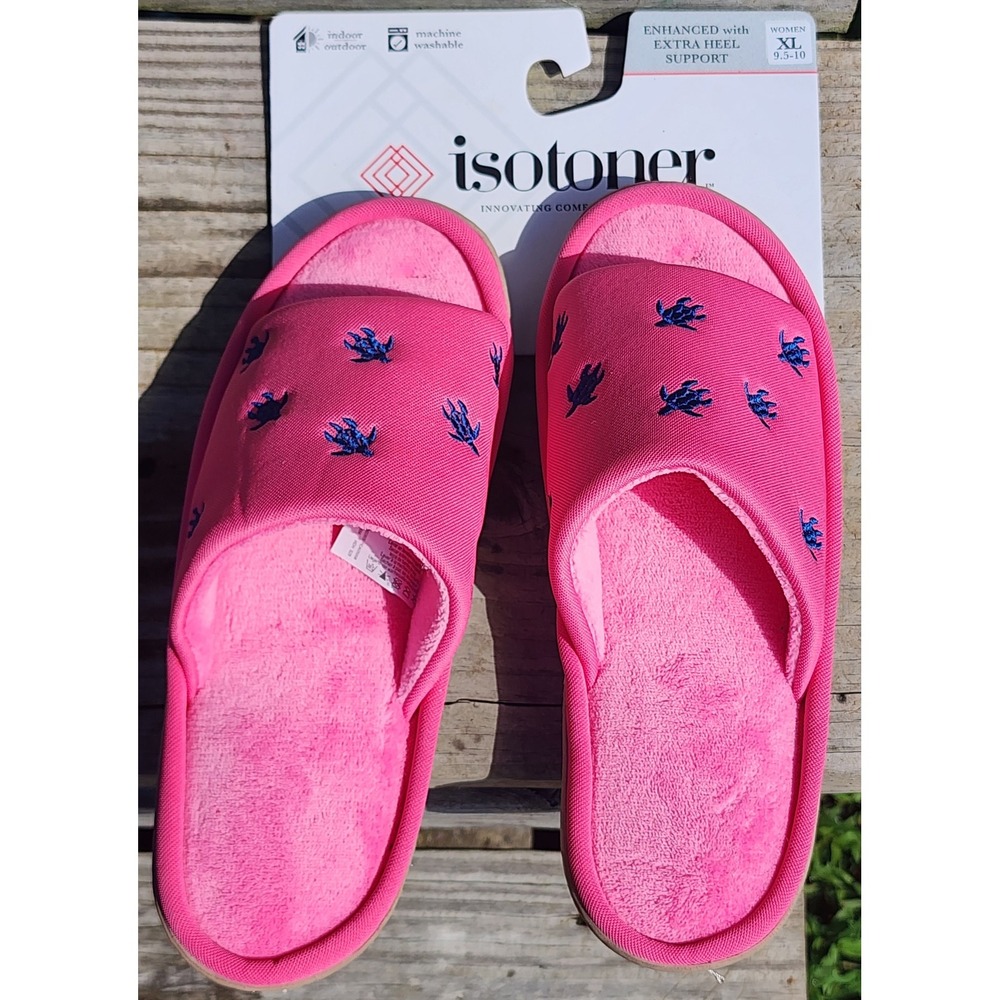 Isotoner Womens XL 9.5-10 Pink Sea Turtle Embroidered Slide Slippers New